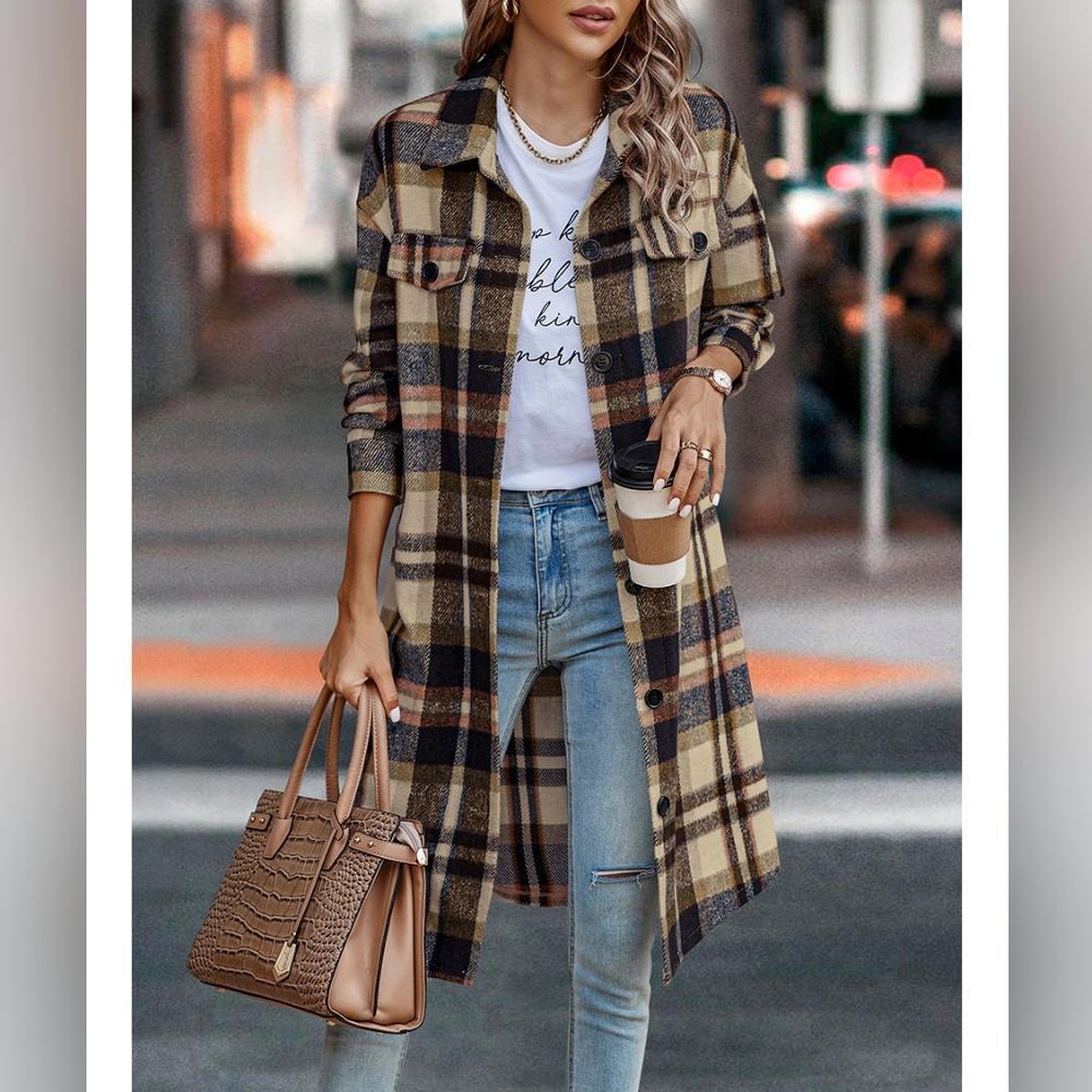 Casual Button Flap Pocket Plaid Overshirt Khaki Warm Coat (It Runs Big) - Picture 3 of 6